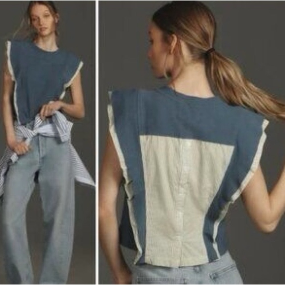 Anthropologie Sleeveless Menswear Popover Top Shirt Blue XL